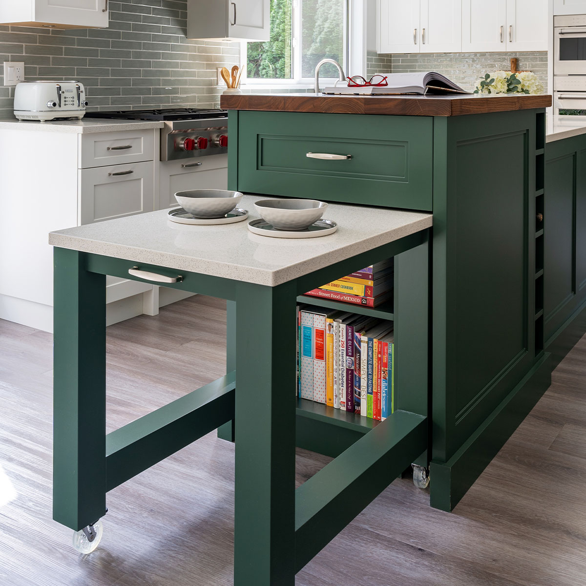 Stylish kitchen island featuring book shelf and coffee table