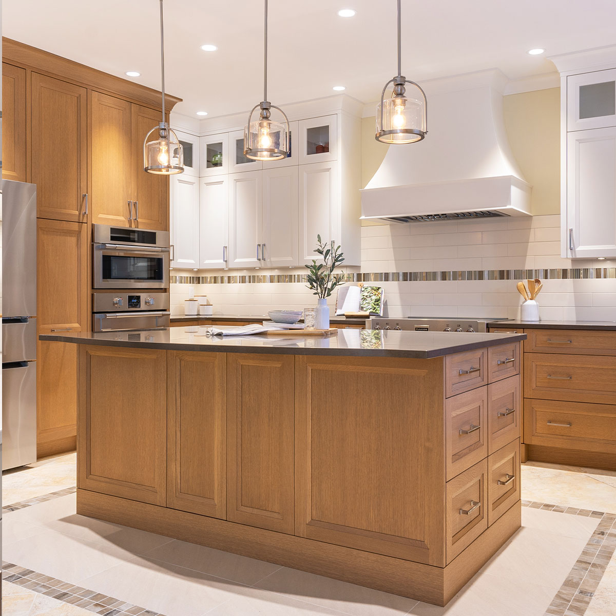 A cozy kitchen with a wooden island and cabinets. Perfect for cooking and gathering with friends and family.